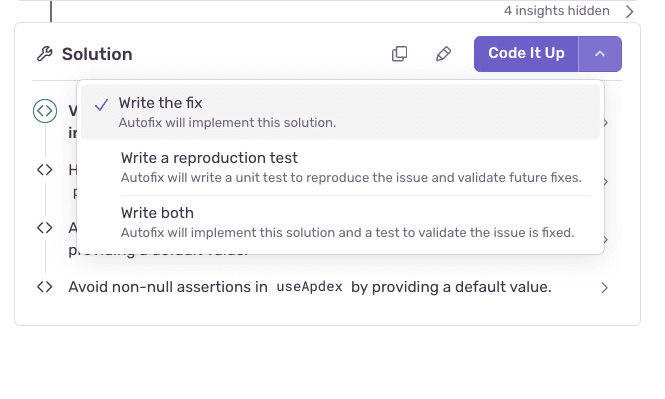 Screenshot of the Autofix drop-down asking whether Autofix should write a fix, a unit test, or both