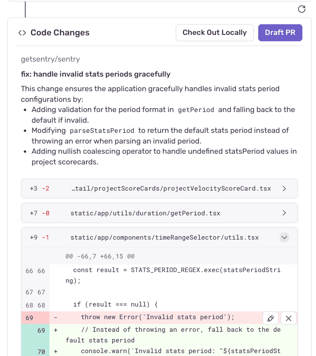 Screenshot of the code changes proposed by Autofix, showing buttons to check out the created branch or open a Pull Request