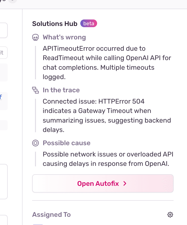 Screenshot of the "Solutions Hub" in the Sentry issue page, showing the Issue Summary